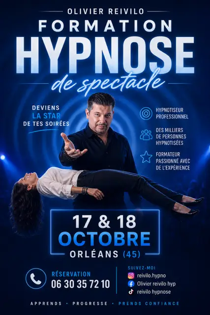 Affiche de la formation d’hypnose de spectacle, les 17 et 18 octobre à Orléans